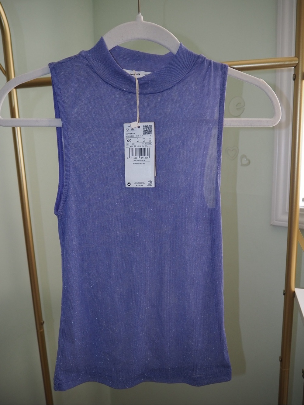 Mango NWT Periwinkle Blue Shimmer Glitter Knit Sleeveless Mock Neck Top - XS